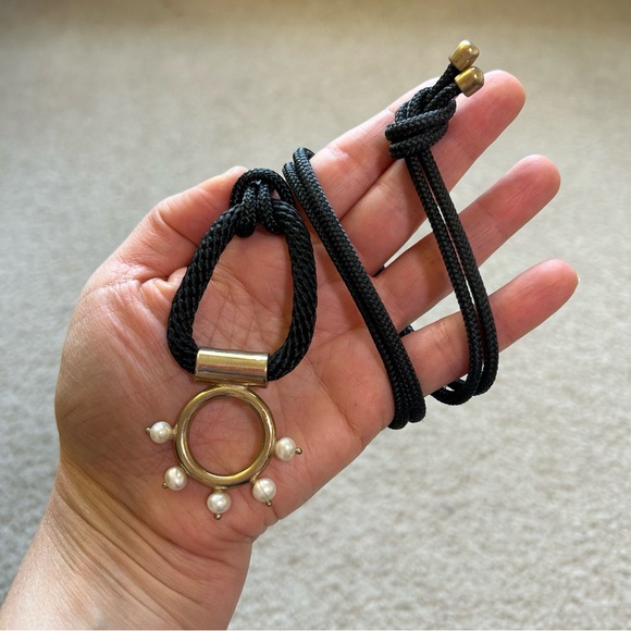 Black Rope Necklace with Gold & Pearl Pendant - Picture 3 of 7